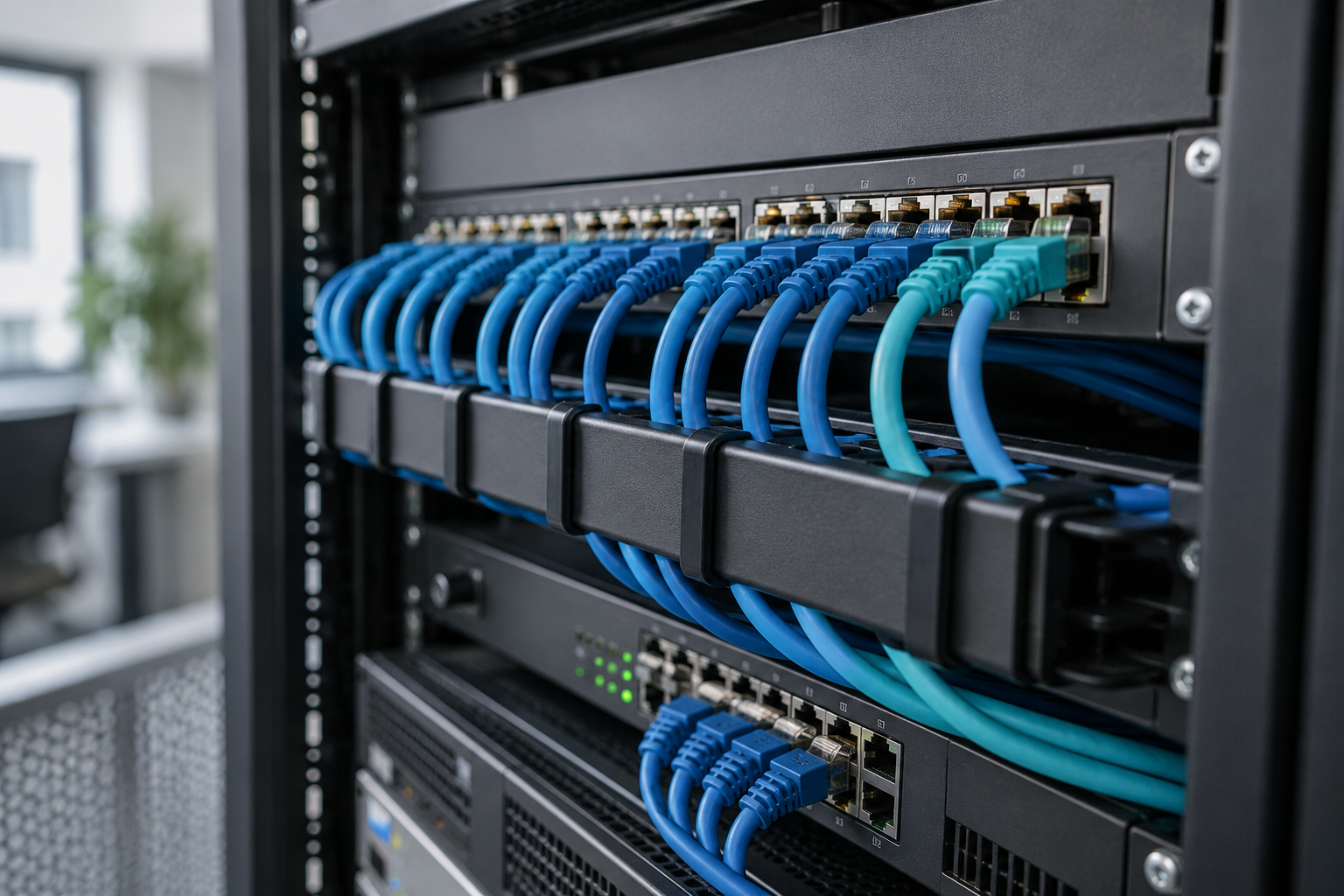 Netzwerkschrank mit Switch und geordneten Patchkabeln