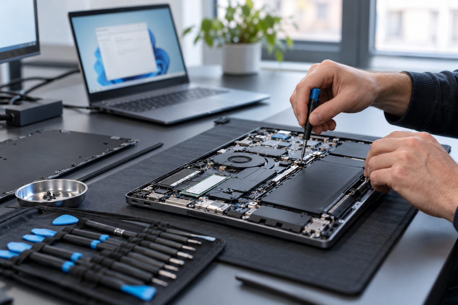 Arbeiten an den Komponenten eines geöffneten Notebooks