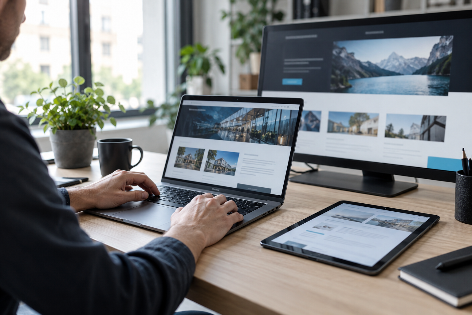 Arbeitsplatz mit Website-Ansichten auf Notebook, Monitor und Tablet